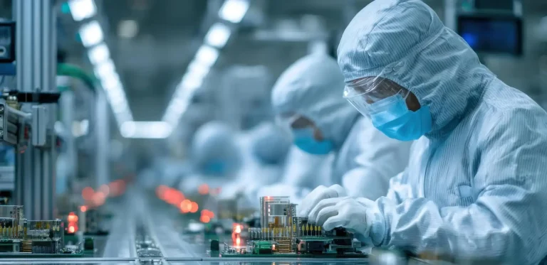Professionals in Electronics Manufacturing Company working on highly sensitive electronics component.webp