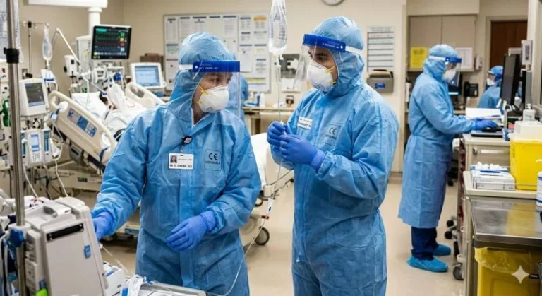 medical professional in a operation theater wearing disposable hospital garments STERICORE by SteriAttire.